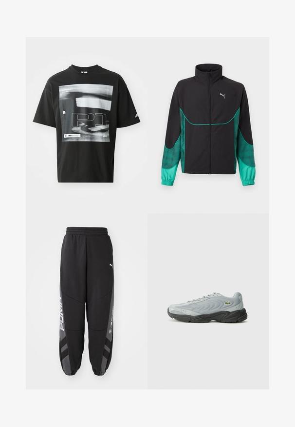 Sort og turkis løbejakke med fuld lynlås foran, høj krave, elastiske manchetter og Puma-logo på venstre bryst.; Sort bomulds T-shirt med grafisk tryk, der inkluderer tekstelementerne "FORMULA 1 RACING" og "P1." Rund hals og korte ærmer.; Sorte joggebukser lavet af blødt materiale. Har elastisk talje, tapered ben, grå detaljer og hvide logoer på siderne.; Grå atletisk sko med struktureret overdækning, sort gummisål og snørebåndsdesign. Har et lille grønt logo på siden.