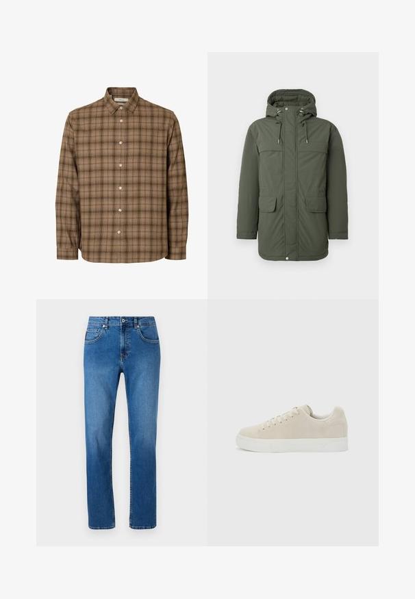 Grüne Parkajacke mit Kapuze, zwei Fronttaschen, Reißverschlüssen und Kordelzügen. Hergestellt aus glattem Stoff mit leichtem Glanz.; Braunes kariertes Langarmhemd mit Knöpfen, Kragen, weißen Knöpfen und geradem Saum, auf weißem Hintergrund präsentiert.; Blaue Denim-Jeans mit geradem Bein, ausgestattet mit einem klassischen Fünf-Taschen-Design und dezenten Nähten entlang der Nähte.; Beige Sneaker in niedriger Ausführung mit Schnürung vorne und dicker weißer Gummisohle vor schlichtem hellgrauem Hintergrund.