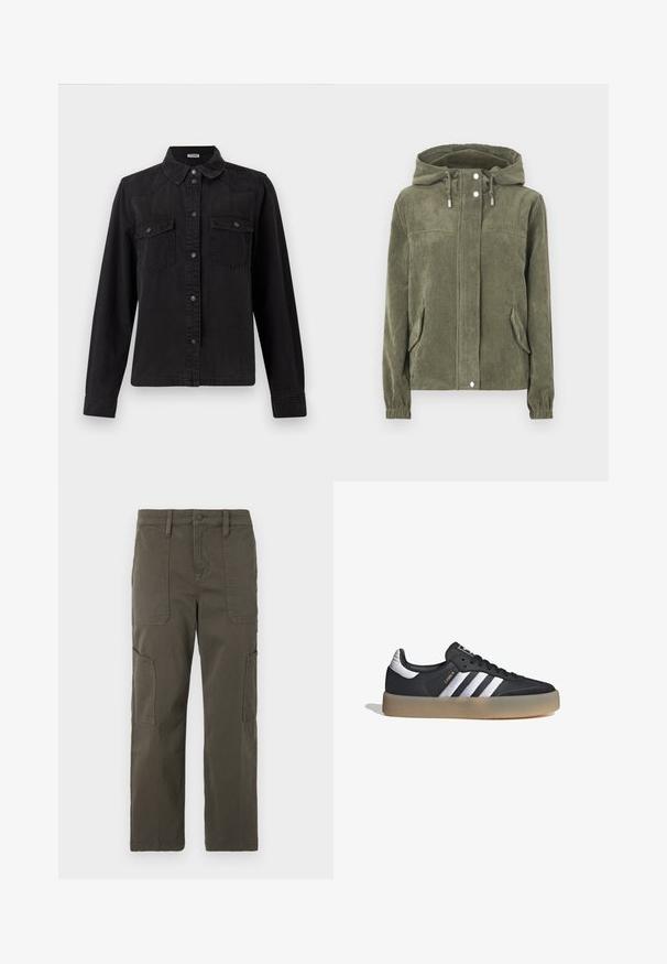 Chaqueta de pana verde con capucha, que presenta un cierre frontal completo, cordones ajustables, dos bolsillos laterales y puños acanalados.; Camisa de mezclilla negra con botones y manga larga, dos bolsillos con solapa en el pecho y un cuello clásico sobre un fondo blanco.; Good American CROPPED PANTS - Pantalones cargo - fatigue; Zapatilla deportiva de cuero negro con tres rayas plateadas, punta texturizada y suela de goma. Cuenta con un collar acolchado y un diseño con cordones.