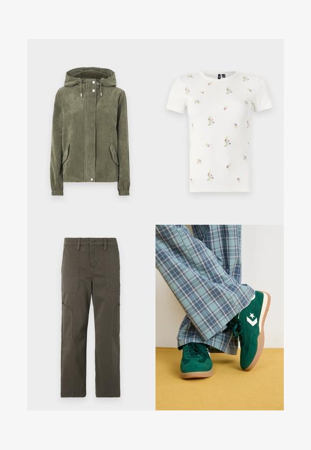 Chaqueta de pana verde con capucha, que presenta un cierre frontal completo, cordones ajustables, dos bolsillos laterales y puños acanalados.; Camiseta blanca de algodón con mangas cortas, que presenta una textura acanalada y bordados florales dispersos en tonos rosas y verdes por toda la prenda.; Good American CROPPED PANTS - Pantalones cargo - fatigue; Zapatillas de ante verdes con acentos blancos y un logo de estrella, combinadas con pantalones de cuadros azules de pierna ancha, sobre un suelo amarillo.