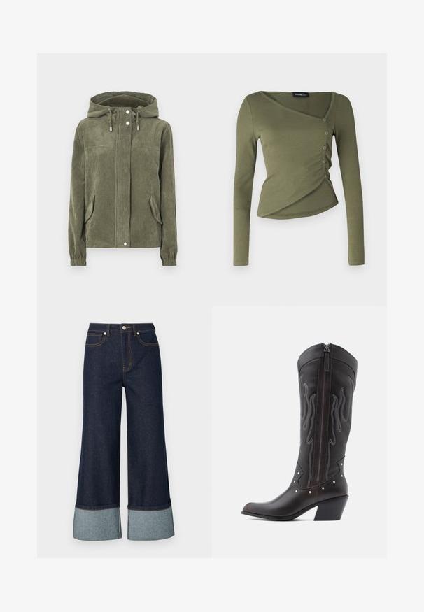 Veste en velours côtelé vert avec une capuche, dotée d'une fermeture éclair sur toute la longueur à l'avant, de cordons de serrage, de deux poches latérales et de poignets côtelés.; Haut à manches longues, vert olive, en tissu côtelé. Présente un design drapé avec un col en V et des boutons sur le côté le long de l'ourlet superposé.; Jeans évasés en denim foncé, dotés d'un revers en denim clair. Le design comprend des poches avant et des détails de surpiqûres contrastantes.; Bottes de cowboy en cuir marron avec surpiqûres en forme de flammes, fermeture éclair latérale, clous argentés, bout pointu et talon superposé.