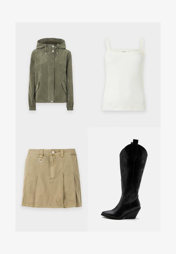 Grüne Cordjacke mit Kapuze, ausgestattet mit einem durchgehenden Reißverschluss, Kordelzügen, zwei seitlichen Taschen und gerippten Bündchen.; Weißes geripptes Strick-Top mit schmalen Schulterträgern und geradem Ausschnitt, auf einfarbigem Hintergrund dargestellt.; Helle olivgrüne Jeansrock mit vier messerscharfen Falten, einem Knopfverschluss vorne und einer Metallring-Akzentuierung am Bund.; Schwarzer Leder-Cowboystiefel mit spitzer Zehe, schrägem Blockabsatz, dekorativer Naht und Zuglaschen oben vor weißem Hintergrund.