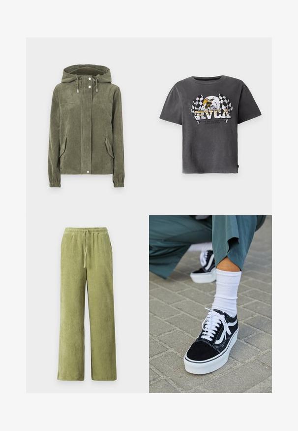 Grüne Cordjacke mit Kapuze, ausgestattet mit einem durchgehenden Reißverschluss, Kordelzügen, zwei seitlichen Taschen und gerippten Bündchen.; Graues Baumwoll-T-Shirt mit kurzen Ärmeln, das ein Adler-Motiv und karierte Flaggen zeigt. Das Design enthält den Text "RVCA" und einen Slogan darunter.; Grüne Cord-Hosen mit weitem Bein, elastischem Bund und Kordelzug. Vertikale Rillen im Stoff schaffen Textur.; Schwarze Wildledersneaker mit weißen Akzenten und Schnürsenkeln, ausgestattet mit einer dicken weißen Sohle und kontrastierenden Nähten, kombiniert mit einer weißen Socke.