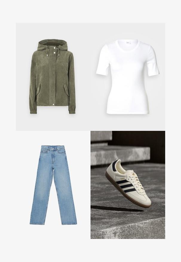 Grüne Cordjacke mit Kapuze, ausgestattet mit einem durchgehenden Reißverschluss, Kordelzügen, zwei seitlichen Taschen und gerippten Bündchen.; Weißes T-Shirt mit kurzen Ärmeln aus glattem Baumwollstoff, mit rundem Ausschnitt und figurbetonter Form. Klassisches Design, ohne Muster oder Akzente.; Hellblaue Jeans aus Denim mit hoher Taille, gerader Beinform, fünf Taschen und einem Knopfverschluss. Keine sichtbaren Muster.; Weißer Adidas Samba Sneaker mit schwarzen Streifen und Gummisohle, schwebend über strukturierten grauen Betontreppen.