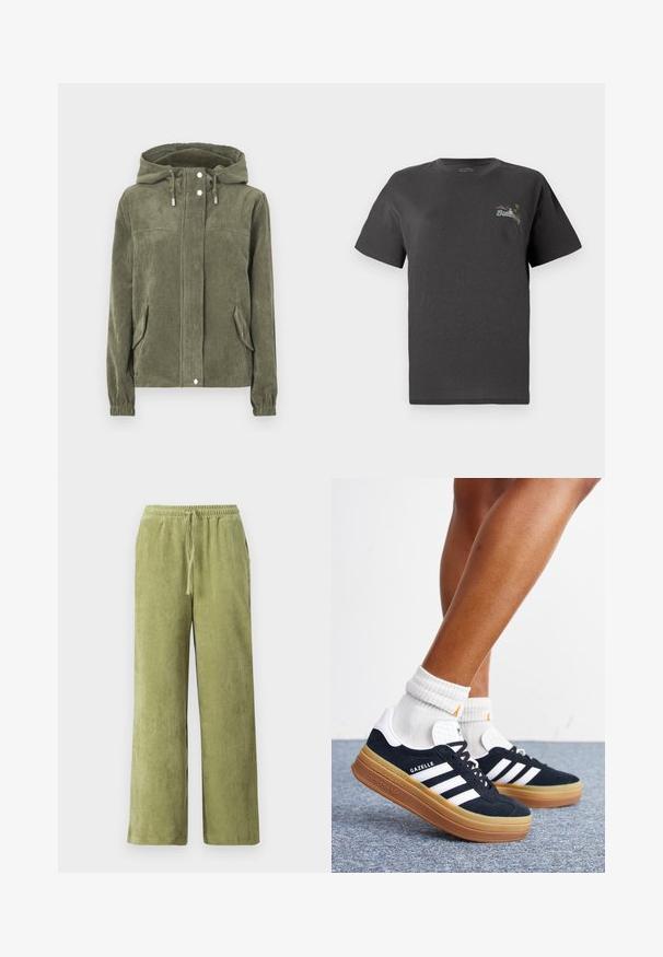 Chaqueta de pana verde con capucha, que presenta un cierre frontal completo, cordones ajustables, dos bolsillos laterales y puños acanalados.; Camiseta de algodón gris con mangas cortas. Presenta un pequeño diseño bordado multicolor en el pecho con el texto "Billing". Ajuste clásico.; Pantalones de pana verde con un diseño de pierna ancha, cinturilla elástica y detalle de cordón. Las líneas verticales en la tela crean textura.; Piernas con calcetines blancos y zapatillas Adidas Gazelle negras con rayas blancas y suelas marrones gruesas sobre un suelo alfombrado gris.
