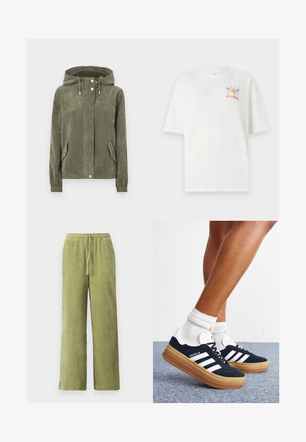 Chaqueta de pana verde con capucha, que presenta un cierre frontal completo, cordones ajustables, dos bolsillos laterales y puños acanalados.; Camiseta blanca de algodón con un corte relajado, que presenta un colorido logo de Billabong con palmeras y el año "1973" bordado en el lado izquierdo del pecho.; Pantalones de pana verde con un diseño de pierna ancha, cinturilla elástica y detalle de cordón. Las líneas verticales en la tela crean textura.; Piernas con calcetines blancos y zapatillas Adidas Gazelle negras con rayas blancas y suelas marrones gruesas sobre un suelo alfombrado gris.
