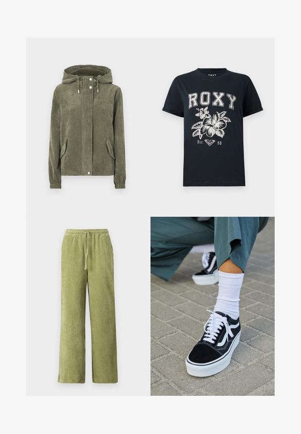 Grøn fløjlsjakke med hætte, der har en fuld frontlynlås, snoretræk, to sidelommer og ribkantede manchetter.; Sort bomulds T-shirt med teksten "ROXY" i hvid, med et blomsterdesign og et hjerte symbol. Korte ærmer og en afslappet pasform.; Grønne fløjl bukser med vidde, elastisk talje og snøre detaljer. Lodrette ribber i stoffet skaber tekstur.; Sorte ruskinds sneakers med hvide accenter og snørebånd, der har en tyk hvid sål og kontrasterende syninger, parret med en hvid sok.