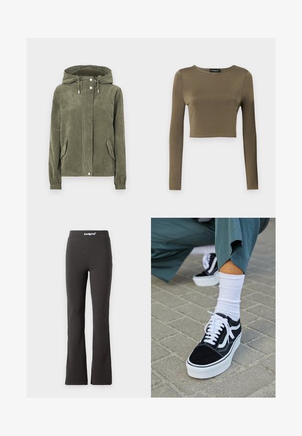 Grøn fløjlsjakke med hætte, der har en fuld frontlynlås, snoretræk, to sidelommer og ribkantede manchetter.; Oliven grøn, langærmet cropped top i et glat, strækbart stof; har en rund halsudskæring og en skræddersyet pasform med færdige kanter.; Sorte flarebukser lavet af strækbart stof med en glat tekstur. Har en bred talje med logodetaljer øverst.; Sorte ruskinds sneakers med hvide accenter og snørebånd, der har en tyk hvid sål og kontrasterende syninger, parret med en hvid sok.