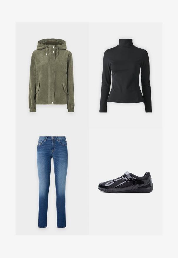 Grüne Cordjacke mit Kapuze, ausgestattet mit einem durchgehenden Reißverschluss, Kordelzügen, zwei seitlichen Taschen und gerippten Bündchen.; Even&Odd Petite Langarmshirt - black; Blaue Jeans aus Denim im Slim-Fit-Schnitt, mit mittelhohem Bund, fünf Taschen und einem leichten Verblassen von Oberschenkel bis Saum.; Schwarzer Sneaker mit flachem Profil, glänzenden und textilen Partien, elastischen Schnürsenkeln und Klettverschluß vor weißem Hintergrund.