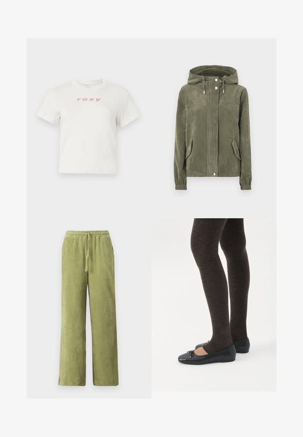 Veste en velours côtelé vert avec une capuche, dotée d'une fermeture éclair sur toute la longueur à l'avant, de cordons de serrage, de deux poches latérales et de poignets côtelés.; T-shirt en coton blanc à manches courtes et col rond, avec le logo rose "roxy" imprimé sur le devant. Design à coupe régulière.; Pantalon en velours côtelé vert avec une coupe à jambes larges, taille élastique et détail de cordon de serrage. Les côtes verticales du tissu créent une texture.; Jambes portant des leggings côtelés foncés associés à des ballerines noires avec de petits détails en nœud sur fond blanc.