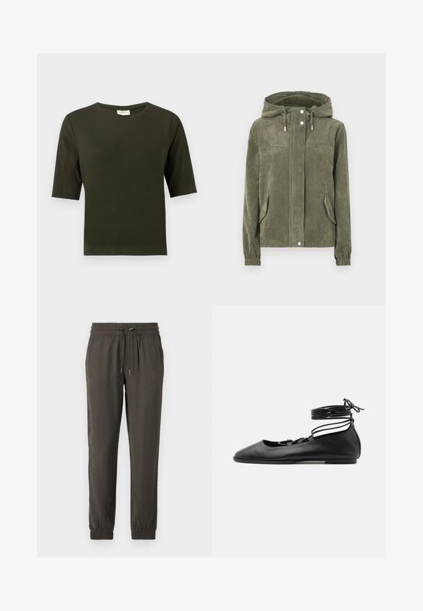 Chaqueta de pana verde con capucha, que presenta un cierre frontal completo, cordones ajustables, dos bolsillos laterales y puños acanalados.; Camiseta de manga corta verde oscuro con cuello redondo, hecha de una tela suave, que presenta un diseño simple y de corte recto.; Pantalones jogger de color verde oscuro, hechos de tela ligera, con una cinturilla elástica con cordón y puños elásticos en los tobillos.; Zapato de ballet plano de cuero negro con punta puntiaguda, múltiples tiras finas en la parte superior y cordones que se atan alrededor del tobillo.