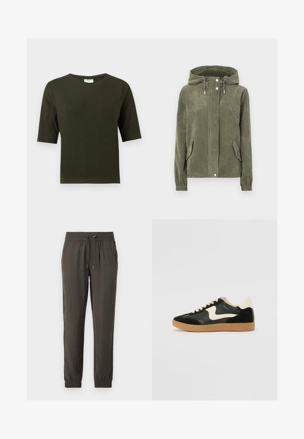 Grüne Cordjacke mit Kapuze, ausgestattet mit einem durchgehenden Reißverschluss, Kordelzügen, zwei seitlichen Taschen und gerippten Bündchen.; Dunkelgrünes T-Shirt mit kurzen Ärmeln und rundem Halsausschnitt, aus weichem Stoff gefertigt, mit einem schlichten und geraden Schnitt.; Dunkelgrüne Jogginghosen aus leichtem Material, mit einem elastischen Bund und Kordelzug sowie elastischen Bündchen an den Knöcheln.; Schwarze Wildleder- und Leder-Sneaker mit einem cremefarbenen Seiten-Swoosh und einer hellcremefarbenen Ferse. Ausgestattet mit beige Schnürsenkeln und einer Gummilaufsohle.