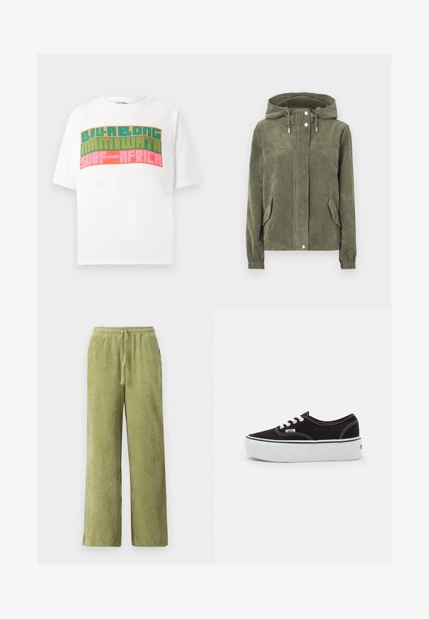 Grøn fløjlsjakke med hætte, der har en fuld frontlynlås, snoretræk, to sidelommer og ribkantede manchetter.; Hvid t-shirt med korte ærmer og retro blokbogstaver, der står "BILLABONG MAMIWATA SURF AFRICA" i orange, grøn og pink.; Grønne fløjl bukser med vidde, elastisk talje og snøre detaljer. Lodrette ribber i stoffet skaber tekstur.; Sort lærred sneakers med en hvid gummi platform sål, der har hvide snørebånd og syninger, ikonisk branding på siden, lav-top design.