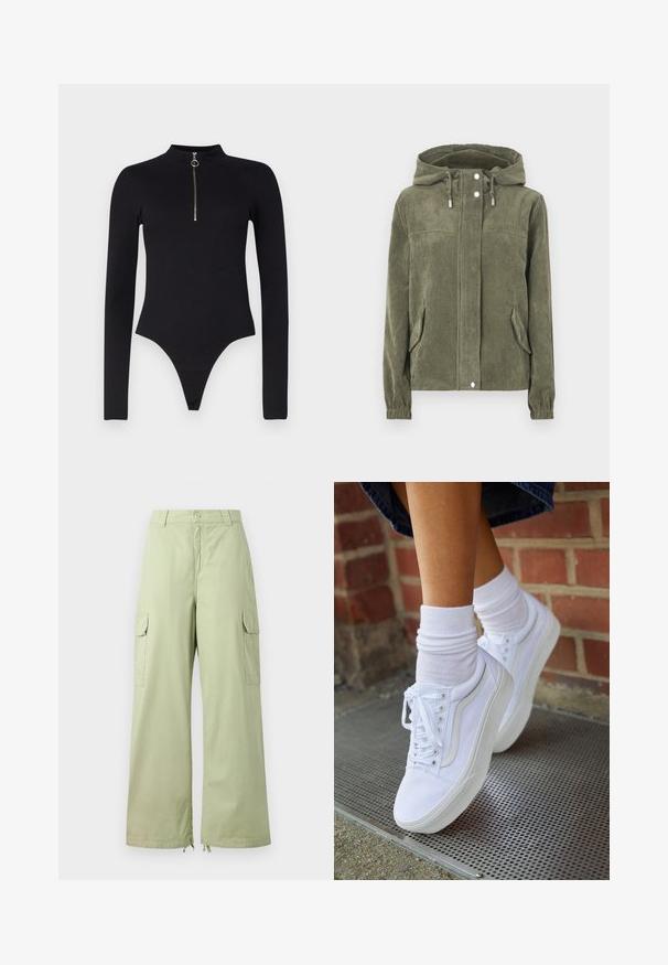Grüne Cordjacke mit Kapuze, ausgestattet mit einem durchgehenden Reißverschluss, Kordelzügen, zwei seitlichen Taschen und gerippten Bündchen.; Noisy May NMTONI BODY - Langarmshirt - black; Helle grüne Cargo-Hose mit weitem Bein, aus Baumwolle. Verfügt über zwei Seitentaschen und einen Knopfverschluss. Glatte Textur und lässiges Design.; Weiße Leinensneaker mit Gummisohlen, ausgestattet mit sechs Ösen, runder Zehenpartie und dezenten Nähten, kombiniert mit weißen Knöchelsocken.