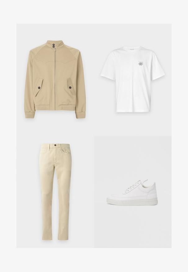 Beige ritsjack met een hoge kraag, twee schuin geplaatste zakken, knoopsluitingen en geribbelde manchetten, gemaakt van een gladde, lichte stof.; Witte t-shirt van katoen met korte mouwen, een ronde hals, en een klein grijs logo op de linker borstzijde. Soepele textuur.; Beige rechte broek van een katoenmengsel. Heeft een vijfzakkenontwerp, riemlussen en een zwarte knoopsluiting op de taille.; Witte leren sneaker met een afgeronde neus, platte zool en veters aan de voorkant. Voorzien van stikseldetails en een gevoerde kraag voor comfort.