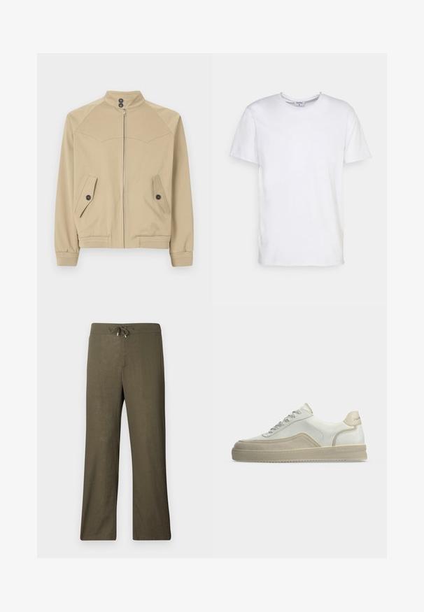 Veste beige zippée avec un col haut, deux poches angulaires, des fermetures à bouton et des poignets côtelés, fabriquée dans un tissu lisse et léger.; T-shirt blanc à manches courtes en coton. Il présente un col rond et une coupe décontractée sans motifs ni accents visibles.; Pantalons en lin olive, ample, avec taille à cordon et jambes larges. Texture lisse, design minimaliste, sans motifs ni accents visibles.; Baskets basses blanches avec détails en daim beige, lacets à l'avant et languette de talon marquée sur un fond clair uni.