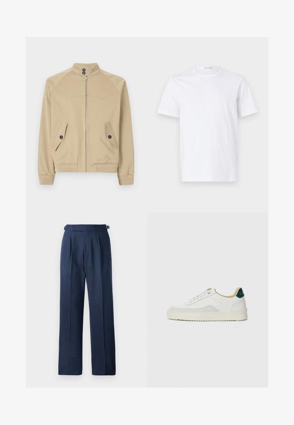 Beige zip-jakke med høj krave, to skrå lommer, knaplukninger og ribbede manchetter, lavet af et glat, let stof.; Hvid bomulds t-shirt med rund halsudskæring og korte ærmer. Glat tekstur, lige snit og minimalistisk design uden mønstre eller accenter.; Marineblå skræddersyede bukser lavet af struktureret stof, med høj talje, læg og justerbare sidelukninger for pasform.; Hvide sneakers med ruskindsdetaljer, rund tå, flade snørebånd og en cremet gummisål. Har grøn branding på hælen.