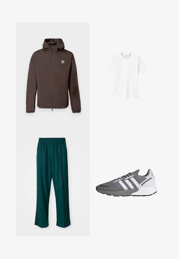 Pruun kapuutsiga jope, valmistatud kerge raskusega materjalist. Omab täielikku lukku ja valget Adidas logo vasakul rinnal. Pehme tekstuur.; Valge puuvillane lühikeste varrukatega T-särk, ümara kaelusega ja õrna logoga rinnal. Pehme kangas ja mugav lõige.; Tumed rohelised spordipüksid elastse vöökohaga, sirge jala kujundusega ja mustade külgtriipudega. Valmistatud pehmest, venivast kangast.; Halli ja valge spordijalats, millel on võrgust pealispind, kolm valget triipu, pehmendatud talla ning tekstuuriga hall kummialus.