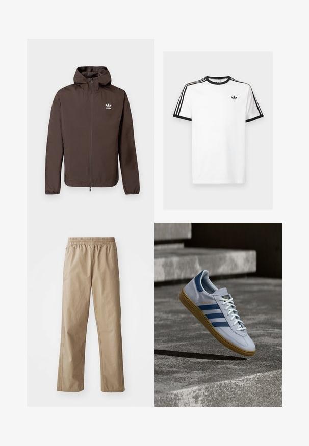 Pruun kapuutsiga jope, valmistatud kerge raskusega materjalist. Omab täielikku lukku ja valget Adidas logo vasakul rinnal. Pehme tekstuur.; Valge puuvillane T-särk mustade ribadega kaelas ja varrukates, millel on iga õla peal kolm musta triipu ning rindkeres väike logo.; Beežid, kerged püksid elastse vöökohaga, sirgete säärte ja küljetaskutega. Sile tekstuur peente õmblusedetailidega.; Helehall Adidas Spezial toss tumedasiniste triipude ja kummipõhjaga, kujutatud õhus betooniastmete kohal neutraalses välistingimustes.