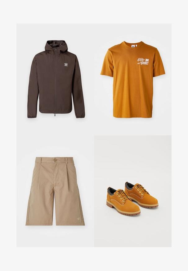 Hnedá kapucňová bunda z ľahkého materiálu. Má zips na celú dĺžku a biele logo Adidas na ľavej strane hrudníka. Mäkká textúra.; Hnedé bavlnené tričko s okrúhlym výstrihom a krátkymi rukávmi, s bielym grafickým textom a dizajnom listu na prednej strane.; Béžové bavlnené kraťasy so strihaním do rovna, prednými skladmi a jedným gombíkom na zapínanie. Obsahujú diskrétnu logo na dolnej ľavej strane.; Hnedé semišové topánky s okrúhlou špičkou, žltými šnúrkami, polstrovaným čiernym golierom a gumovou podrážkou s trakčnými drážkami.