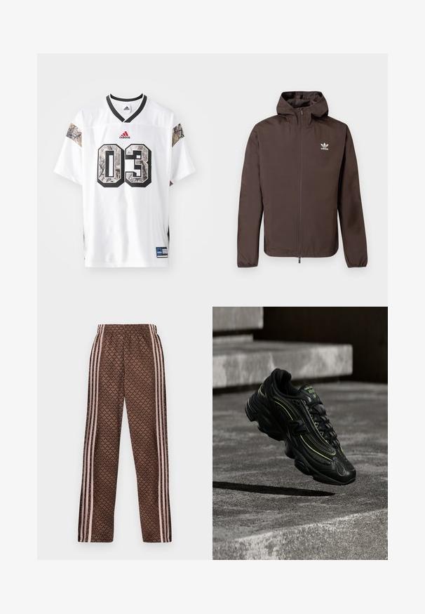 Pruun kapuutsiga jope, valmistatud kerge raskusega materjalist. Omab täielikku lukku ja valget Adidas logo vasakul rinnal. Pehme tekstuur.; Valge sportlik särk mustade ja kamuflaažitrükiga lühikeste varrukatega, millel on suur must ääristatud number 03 ja Adidas'i logo.; Pruunid dressipüksid heleroosade vertikaalsete triipudega külgedel ja kogu pinnal korduv lehvikumustriga, elastse vöökohaga, sirge lõikega lahk.; Must New Balance tennise jalats neoonroheliste rõhutustega hõljumas hallide betoonastmete kohal hämaras valguses.