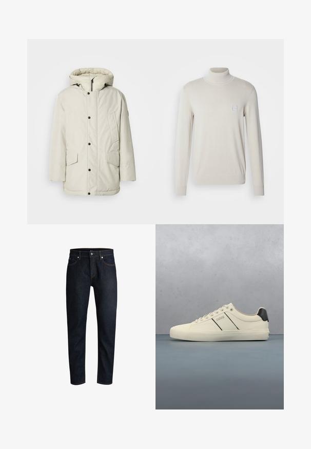 Parka aislante de color beige claro con capucha, que presenta un cierre frontal con cremallera, botones de presión y dos bolsillos frontales con solapas. Textura de tela suave.; Suéter de cuello alto de color beige claro, confeccionado en un material de punto suave, con mangas largas y un pequeño parche cuadrado con un logo en el pecho.; Jeans de mezclilla azul oscuro con corte recto, diseño de cinco bolsillos, costuras naranjas en contraste y cierre de botón plateado.; Zapatillas de color crema con una textura suave, que presentan acentos y marcas en negro. Diseño clásico de cordones con punta redonda y suela de goma.