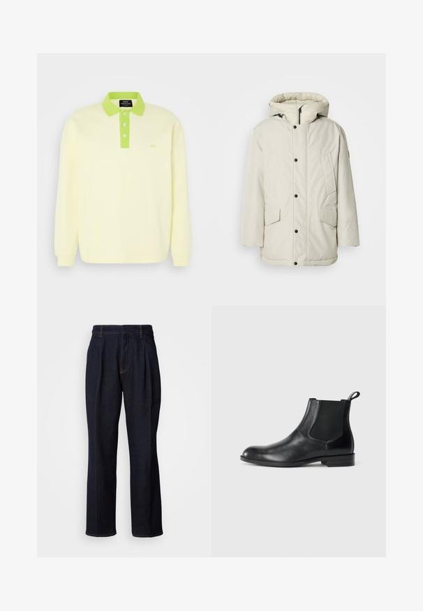 Licht beige geïsoleerde parka met een capuchon, voorzien van een ritssluiting aan de voorkant, drukknoopsluiting en twee voorkruiszakken met klep. Gladde stoftextuur.; Lichtgele lange mouwen polo met een groene kraag en knoopsluiting. Bevat een subtiele 'MN' logo op de borst. Gemaakt van zacht katoen.; Donkerblauwe denim jeans met wijde pijpen, inclusief voorplooien en oranje stiksels, weergegeven op een witte achtergrond.; Zwarte leren enkelboot met elastische zijpanelen, ronde neus en een trekhaak. Gladde textuur, platte zool, minimalistisch ontwerp.