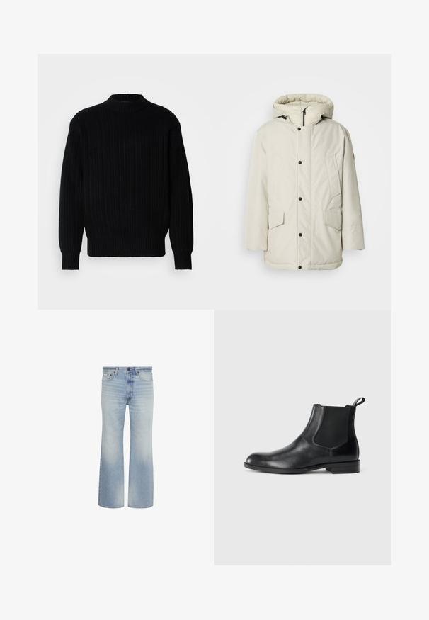 Helebeige isoleeritud parka kapuutsiga, millel on tõmbluku esikülg, nööbiga kinnitused ja kaks esist pocketit klapikinnitustega. Sile kangakonstruktsioon.; Must värvitud soonikuga kootud sviiter kõrge kraega, pikkade käistega ja mugava lõikega. Kanga pinnal on nähtav tekstuurne muster.; Hele sinised teksapüksid sirgete sääregaaridega, eesmine nööpidega sulgumine ja viie tasku disainiga, näidatud valgel taustal.; Must musta nahkjahi, millel on elastsed külgpaneelid, ümar varvas ja tõmbeaasa. Sile tekstuur, lame tald, minimalistlik disain.