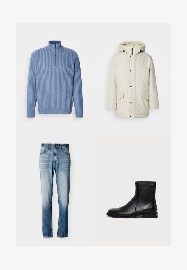 Helebeige isoleeritud parka kapuutsiga, millel on tõmbluku esikülg, nööbiga kinnitused ja kaks esist pocketit klapikinnitustega. Sile kangakonstruktsioon.; Heleheles sinine, soonikuga kootud sviiter seisma jääva kraega ja osalise lukuga kaela juures; omab pikki varrukaid ja sirget äärekest.; Sinised tuhmunud sirge säärega teksad, millel on viis taskut, nupu sulgumine ja vööaasad, laotatud valgele taustale.; Mustast nahast pahklu saabas madala kontsaga, külgmise tõmblukuga ja väike "HUGO" logo peal lähedal ühel ühevärvilisel heledal taustal.