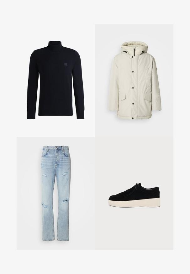 Licht beige geïsoleerde parka met een capuchon, voorzien van een ritssluiting aan de voorkant, drukknoopsluiting en twee voorkruiszakken met klep. Gladde stoftextuur.; Marineblauwe coltrui van zacht breimateriaal, met lange mouwen en een geribde kraag. Bevat een vierkante logopatch op de borst.; Licht gewassen denim jeans met een ontspannen pasvorm, voorzien van versleten plekken en rafelige randen. De stof heeft een zachte, gladde textuur.; Zwarte suède casual schoen met veters en dikke witte rubberen zool, zijaanzicht op een effen lichtgrijze achtergrond.