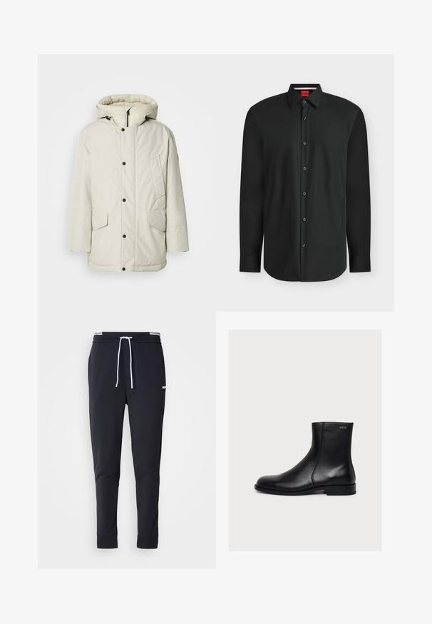 Hellbeige isolierte Parka mit Kapuze, mit einem Reißverschluss vorne, Druckknöpfen und zwei Vordertaschen mit Klappenverschluss. Glatte Stoffstruktur.; Schwarzes langärmeliges Hemd mit Knopfleiste, Kragen und sichtbarem roten Markenlabel im Halsausschnitt.; Schwarze Slim-Fit-Jogginghose mit weißem Kordelzug, elastischem Bund mit weißen Streifen und kleinem weißen Logo am oberen Oberschenkel.; Schwarzer, glatter Lederknöchelstiefel mit niedrigem Absatz und seitlichem Reißverschluss, mit Hugo nahe dem oberen Rand beschriftet.