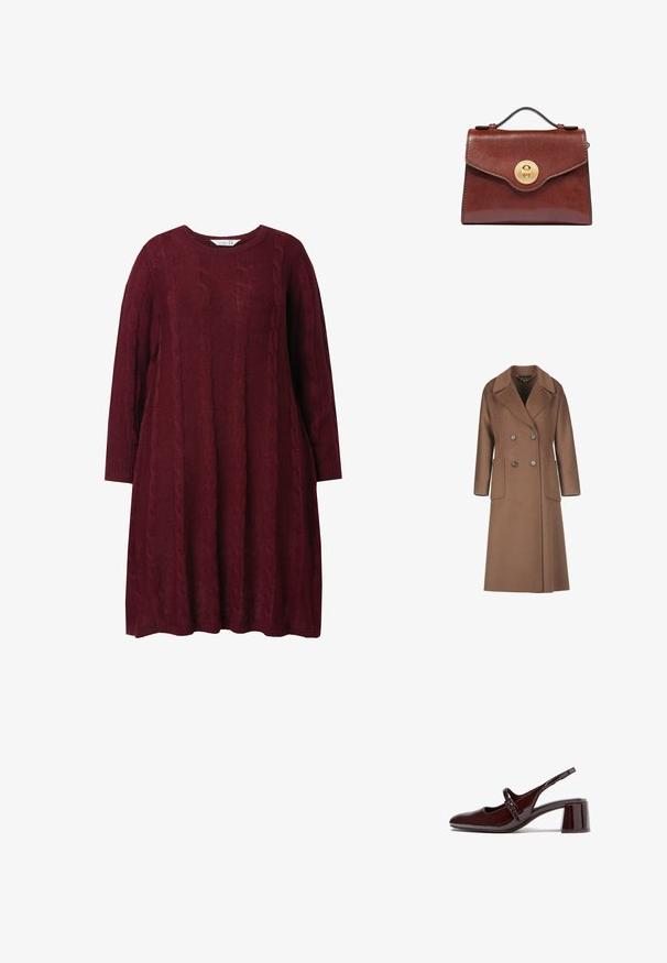 Brun uld frakke med dobbeltbrystet design, store klapper, to forlommer og knaplukninger. Glat tekstur og mellemlang skæring.; Bordeaux strikket kjole med rund halsudskæring, lange ærmer og kabelstrik mønster. Løs pasform med ribbestrikkede manchetter og kant.; Mørkebrune laklæder slingback-sko med lav blokhælk og en tynd rem med spænde over fronten.; Brun læderhåndtaske med top håndtag og rundt guldlås med drejelås på frontklappen, sat mod en hvid baggrund.