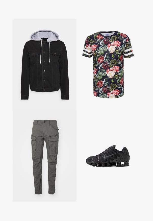 Sort denimjakke med grå hætte. Har knaplukning foran, to brystlommer og kontrastsyninger på ærmerne og kanten.; Kortærmet T-shirt med et sort blomstermønster, der har pink og røde blomster samt grønne blade; inkluderer hvide stribede detaljer på ærmerne.; Grå cargo bukser lavet af slidstærkt stof, med flere lommer, lynlåse, knaplukning og et tapered ben design.; Sorte atletikskoser lavet af mesh og syntetiske materialer, med et karakteristisk bølget design, sort gummisål og reflekterende detaljer.