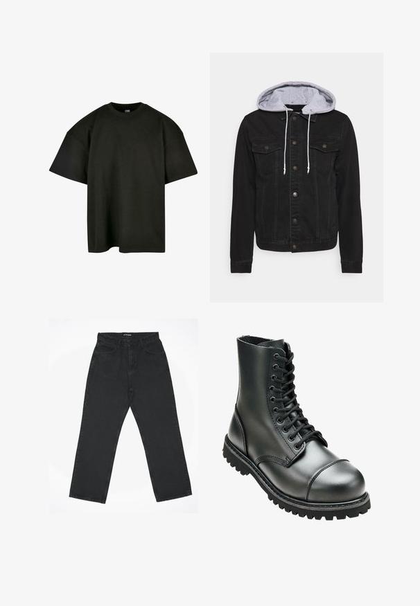 Sort denimjakke med grå hætte. Har knaplukning foran, to brystlommer og kontrastsyninger på ærmerne og kanten.; Sort oversized t-shirt i blød bomuld. Har en rund crew neckline og korte ærmer, med en glat tekstur og minimalistisk design.; Sorte jeans med lige ben, fem lommer og lynlås, lagt fladt på en hvid baggrund med mærket "2Y STUDIOS" ved linningen.; Sort læderkampstøvle med høj ankel, rund tå, snørebånd foran og robust gummisål med dybe mønstre for godt greb.