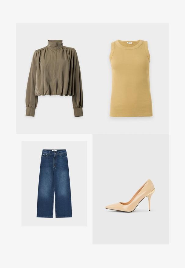 Blouse à manches longues vert olive avec col montant, épaules froncées et larges poignets, avec fermeture frontale dissimulée.; Débardeur côtelé beige sans manches avec col rond, fabriqué par Drykorn, présenté sur un fond blanc.; Jean en denim bleu taille haute à jambes larges avec bouton avant, fermeture éclair, passants de ceinture, cordon de serrage et détails délavés sur les cuisses.; Escarpin à talon haut en cuir verni beige avec bout pointu et talon aiguille fin, orné d'un petit accent doré à l'arrière.