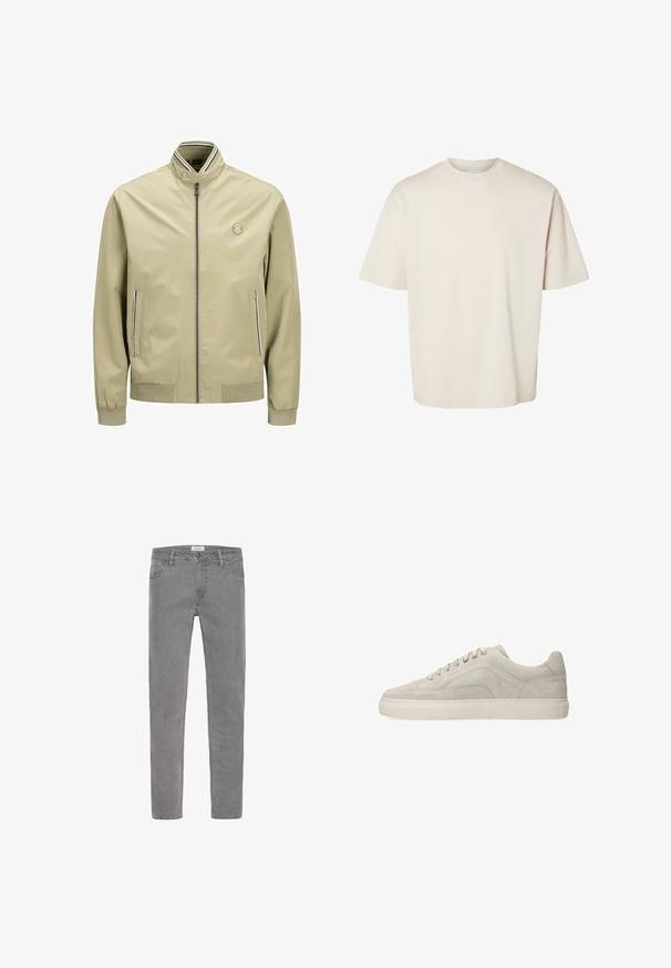 Lichtbeige jas met staande kraag, voorrits, zijzakken met contrasterende bies en geribbelde mouwen. Eenvoudig ontwerp, geen patronen.; Effen beige oversized katoenen T-shirt met korte mouwen en ronde hals, plat gelegd op een witte achtergrond.; Grijze denim jeans met een rechte pasvorm. Voorzien van vijf zakken, riemlussen en een knoopsluiting aan de voorkant. Soepele textuur, minimalistisch design.; Grijze suède lage sneaker met een afgeronde neus, platte veters, geaccentueerde zijkanten met textuur en een witte rubberen zool. Minimalistisch ontwerp.