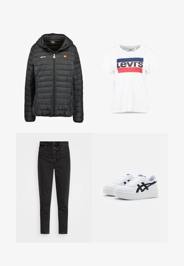 Veste noire matelassée avec capuche, dotée d'une fermeture éclair à l'avant, de deux poches latérales et de logos sur le côté gauche de la poitrine et en haut à droite. Motif matelassé texturé.; T-shirt en coton blanc à manches courtes et col rond, arborant un design central du logo Levi's en bleu, rouge et noir.; Jeans en denim noir taille haute avec une fermeture à bouton, cinq poches et une coupe slim. Texture lisse avec peu d'usure et sans ornements.; Baskets blanches avec une surface texturée, des rayures latérales noires et une semelle blanche épaisse. Présente un design à lacets et un logo sur la languette.