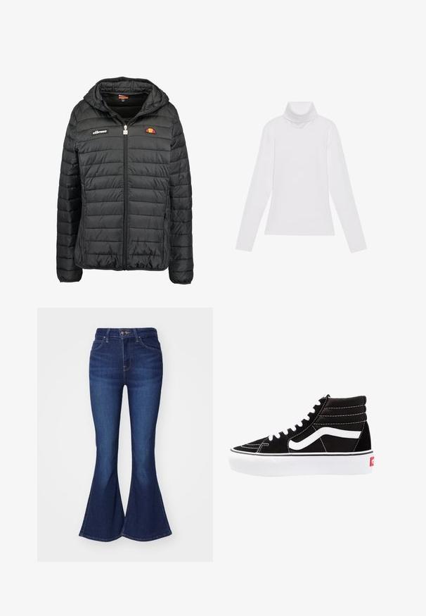 Zwarte gewatteerde jas met capuchon, voorzien van een rits aan de voorkant, twee zijzakken en logo's op de linkerborst en de bovenste rechterkant. Getextureerd quiltpatroon.; Witte lange mouw turtleneck top gemaakt van glad, elastisch materiaal. Voorzien van een hoge kraag en een getailleerd ontwerp, zonder zichtbare patronen of versieringen.; Donkerblauwe klokvormige spijkerbroek van denim, met een hoge taille, vijf zakken en een knoopsluiting, met een lichte kleurvervaging op de dijen.; Zwarte high-top sneakers met witte veters, een wit logo en contrasterende witte stiksels. Heeft een dikke witte zool en een bovenwerk van gestructureerd suede.