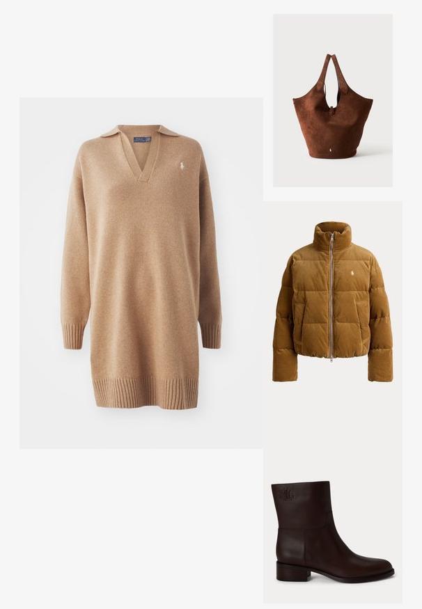 Brun fløjlsvelour dunjakke med høj krave, lynlås foran, to sidelommer og et lille broderet logo på brystet.; Beige striktrøje med V-hals og polo-krave. Har ribbede manchetter og kant. Broderet logo på venstre bryst. Blød tekstur.; Mørkebrun læderankelstøvle med lav blokhæl og præget "RL" logo nær toppen på ydersiden.; Stor brun ruskindstaske med to håndtag, en lille rem med knaplukning og en hvid broderet logo tæt på nederste midte.