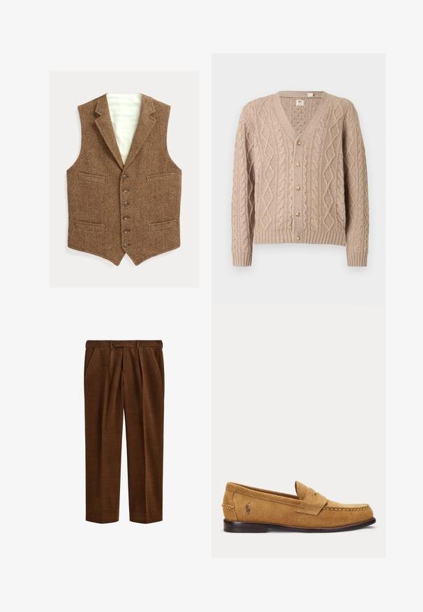 Brun sildebensvest med pibe-, krave, fem knapper og to forlommer; foret inderside med let stof.; Beige kabelstrikket cardigan med V-udskæring, seks knapper foran og ribstrikkede manchetter og kant.; Brune kordbukser med plisser, sidelommer, bæltestropper og knaplukning i taljen, vist fladt på en hvid baggrund.; Lysebrun ruskind loafer med syede detaljer og lille broderet hestelogo på siden, med lav træhæl og slip-on design.