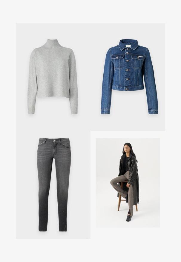 Chaqueta vaquera azul con mangas largas, botones plateados, dos bolsillos en el pecho y cuello; diseño corto con detalles de costuras visibles.; Suéter de cuello alto gris claro, hecho de una suave tela de punto, con mangas largas y dobladillo y puños acanalados. Sin patrones ni detalles metálicos.; Jeans de corte slim en mezclilla gris oscuro con efecto desgastado, cinco bolsillos y cierre con botón metálico. Cintura plana, textura suave.; Abrigo de trench de cuero negro con botones y detalle de cinturón, combinado con pantalones ajustados de color marrón claro y mocasines negros, sentado en un taburete de madera.