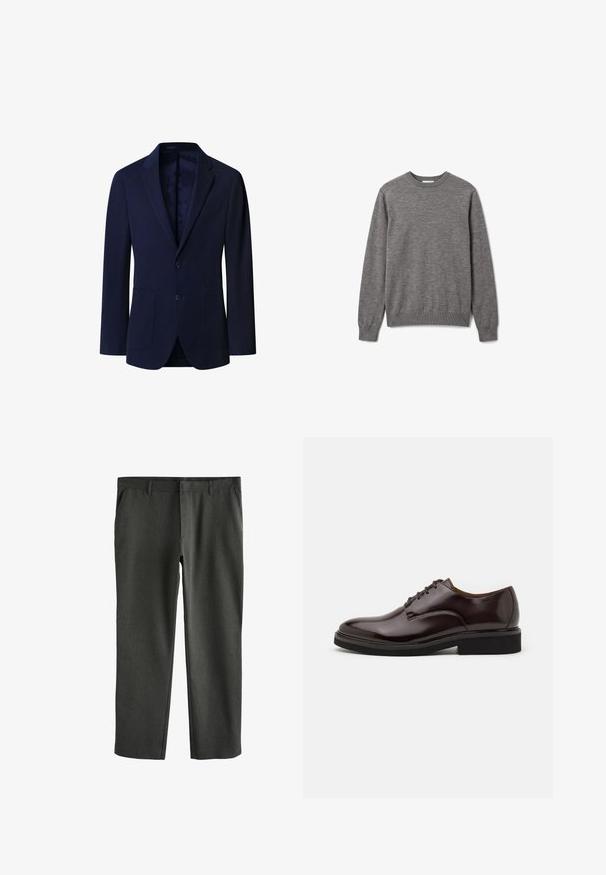 Blazer de hombre azul marino con dos botones, solapas con muesca y dos bolsillos delanteros de parche, mostrado sobre fondo blanco.; Jersey gris de hombre de manga larga con cuello redondo, puños y bajo acanalados, con un pequeño y sutil logo en el pecho izquierdo.; Pantalones de color gris carbón con una tela texturizada, diseño de pierna recta, bolsillos estándar y parte delantera plana. Sin marcas ni acentos visibles.; Zapato Oxford de cuero marrón con acabado brillante, punta redonda, diseño con cordones y suela gruesa de goma negra. Detalle de costura en la parte superior.