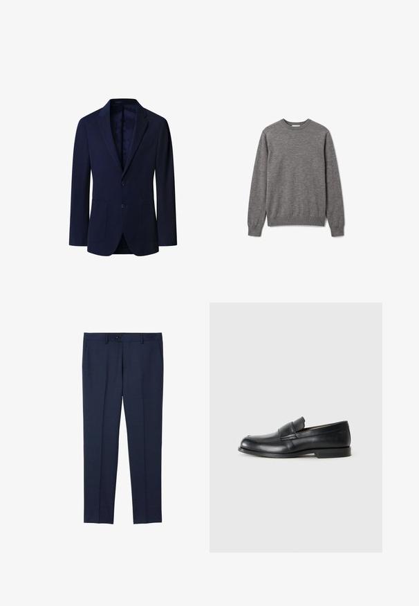 Marineblå herreblazer med to knapper, hakket revers og to forlommer, vist på en hvid baggrund.; Herre langærmet grå sweater med rund hals og ribstrikkede manchetter og kant, med et lille diskret logo på venstre bryst.; Marine skræddersyede bukser lavet af et glat stof. Har knaplukning, frontlommer og et lige ben design.; Sorte læder loafers med rund tå, syet detaljer og en flad gummisål. Har en bred rem over vristen.