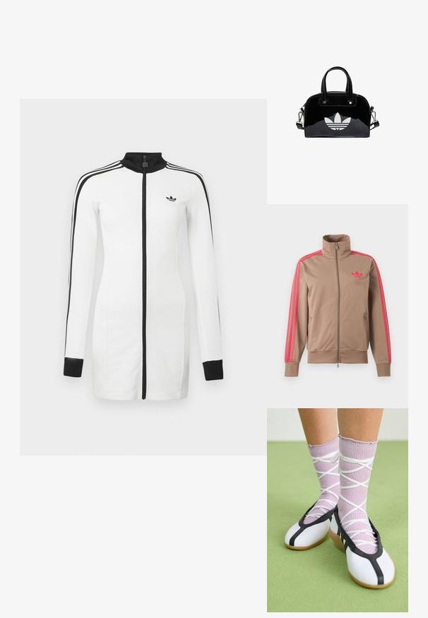 Lysebrun trackjakke med lynlås og høj krave, lyserøde striber ned ad ærmerne og lyserødt Adidas-logo på venstre bryst.; Hvid lynlåstrøje med sorte detaljer, der har lange ærmer, høj krave, adidas-logo og tre sorte striber på hver skulder.; Ben iført ribbet lilla sokker med hvide krydsede stropper kombineret med hvide balletsko med sort kant på grøn gulv.; Sort patentlæder håndtaske med rund form, to top-håndtag, sølvdetaljer og en fremtrædende hvid logo på fronten.