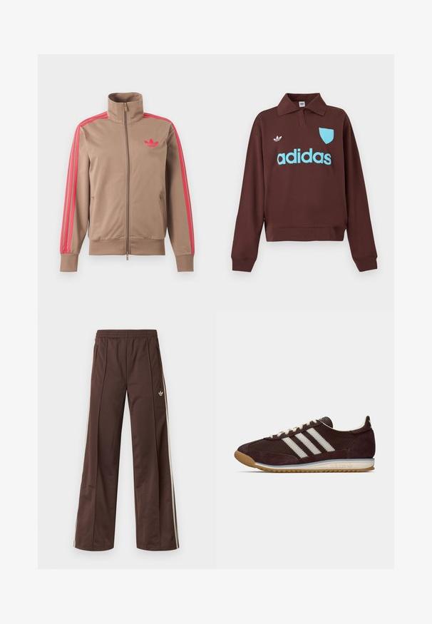 Hellbraune Trainingsjacke mit Reißverschluss und hohem Kragen, pinke Streifen an den Ärmeln und pinkes Adidas-Logo auf der linken Brust.; Brauner Pullover mit Polo-Kragen, versehen mit einem hellblauen "adidas"-Logo und einem Wappendetail, aus weichem Stoff mit lässiger Passform.; Braune Sporthose mit weitem Bein, weißen Seitenstreifen, elastischem Bund und zwei Seitentaschen. Mit kleinem Logo am Bein.; Niedrig profilierter dunkelburgunderfarbener Adidas Sneaker mit weißen Streifen, cremfarbenen Schnürsenkeln und Gummisohle, seitliche Ansicht vor einfarbigem Hintergrund.