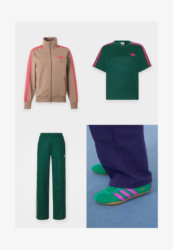 Lysebrun trackjakke med lynlås og høj krave, lyserøde striber ned ad ærmerne og lyserødt Adidas-logo på venstre bryst.; Grøn kortærmet t-shirt med lyserøde striber på skuldrene og Adidas trefoil-logo på brystet.; Mørkegrønne træningsbukser med en afslappet pasform, der har snor i taljen, sidelommer og cremefarvede striber langs siderne.; Grønne og lilla ruskinds sportsko med tre stribede detaljer og en gummisål, parret med lilla bukser, på en blød blå overflade.