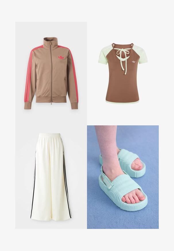 Chaqueta deportiva marrón claro con cremallera y cuello alto, rayas rosas por las mangas y logo rosa de Adidas en el pecho izquierdo.; Camiseta de manga corta marrón y verde claro con escote redondo, detalle de lazo en la parte delantera y pequeño logo blanco de Adidas en el pecho.; Pantalones anchos blancos con cintura elástica y rayas verticales negras a lo largo de las costuras exteriores.; Sandalias azul claro con textura estriada, punta descubierta, correa ajustable y suela gruesa, fabricadas con un material suave y flexible.