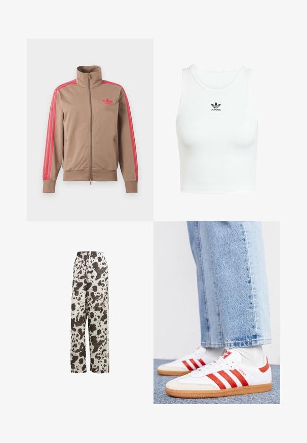 Lichtbruine trackjas met rits en hoge kraag, roze strepen op de mouwen en roze Adidas-logo op de linkerborst.; Witte katoenen tanktop met een aansluitende ribbelstructuur, ronde halslijn en geborduurd zwart Adidas-logo op de voorkant.; adidas Originals COW PRINT SATIN WIDE LEG - Trainingsbroek - multicolor off white; Witte leren sneakers met rode strepen en accenten. Voorzien van een getextureerde gumrubberen outsole en een gevoerde kraag. Draag ze met lichtblauwe denim.