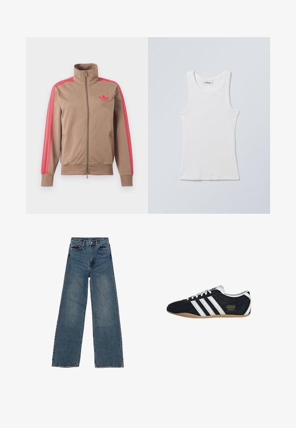 Vaaleanruskea vetoketjullinen urheilutakki, jossa korkea kaulus, vaaleanpunaiset raidat hihoissa ja vaaleanpunainen Adidas-logo vasemmassa rinnassa.; Valkoinen puuvillainen hihaton paita, jossa pyöreä pääntie ja leveät olkaimet. Ominaisuuksina ribbineulos ja suora helma. Kylttimerkki näkyvissä pääntiessä.; Siniset leveälahkeiset farkut korkealla vyötäröllä, joissa on viisi taskua ja erottuvat tikkaukset. Kankaassa näkyy haalistumista ja pieniä kulumia.; Mustat mokkakengät, joissa on valkoiset kolme raitaa, kultainen logo ja ruskea kumipohja. Varustettu matalaprofiilisella nauhakiinnityksellä.