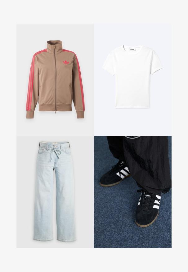 Chaqueta deportiva marrón claro con cremallera y cuello alto, rayas rosas por las mangas y logo rosa de Adidas en el pecho izquierdo.; Camiseta blanca lisa de manga corta con cuello redondo y una pequeña etiqueta "WEEKDAY" dentro del cuello, mostrada extendida sobre un fondo claro.; Jeans de tiro alto de color azul claro, de pierna ancha, con lazo en la parte delantera, diseño clásico de cinco bolsillos y un sutil detalle de desgaste en las piernas. Material de denim.; Zapatillas deportivas de ante negro con tres rayas blancas y cordones negros. Un pantalón negro texturizado es parcialmente visible al lado de las zapatillas.